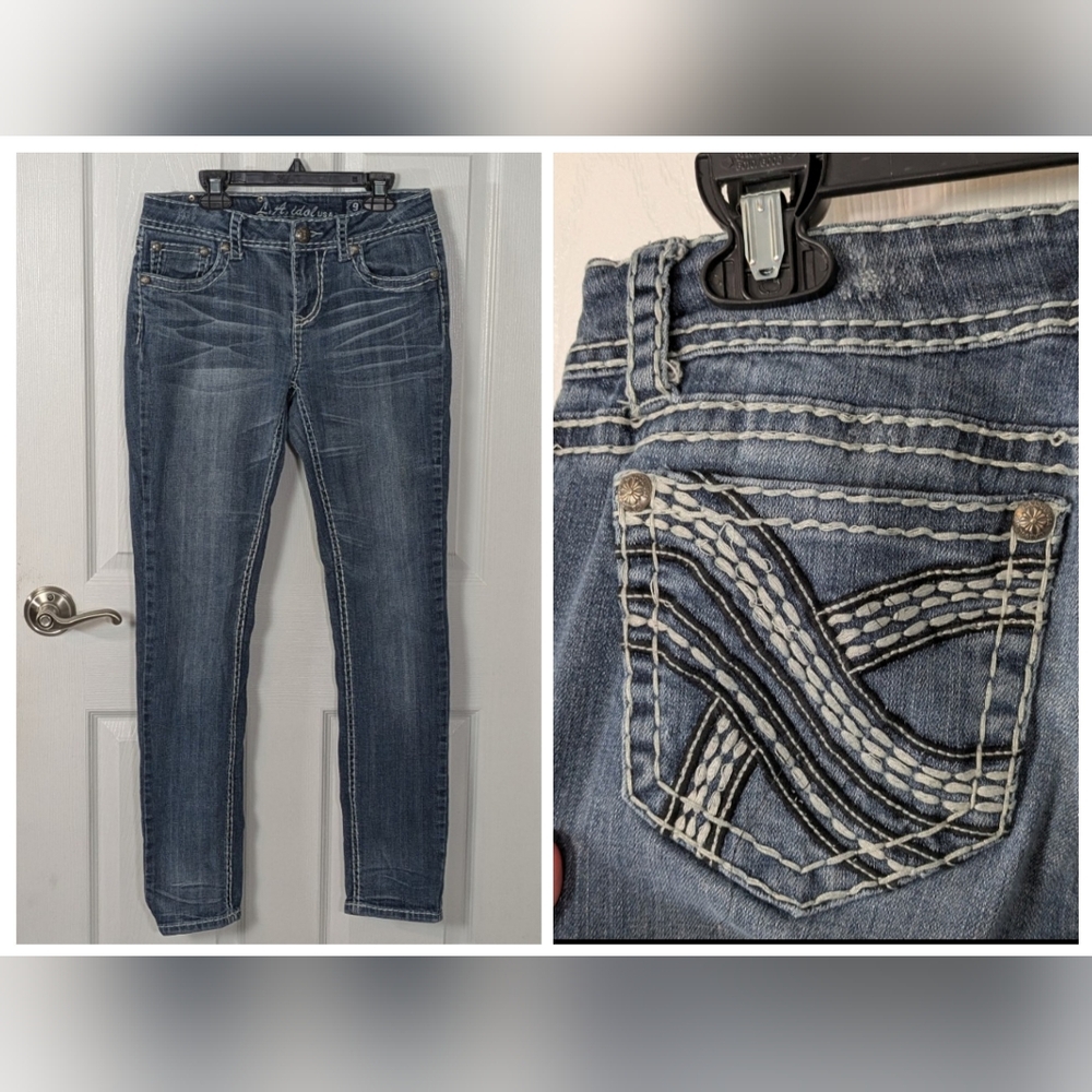 L.A. Idol Y2K Blue Cotton Contrast‎ Stitching Accented Skinny Jeans Size 31 / 9